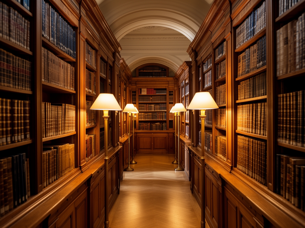 Wnętrze klasycznej biblioteki naukowej z drewnianymi regałami pełnymi oprawnych ksiąg, ciepłym oświetleniem lamp stojących, widok z perspektywy korytarza między regałami, atmosfera skupienia i wiedzy