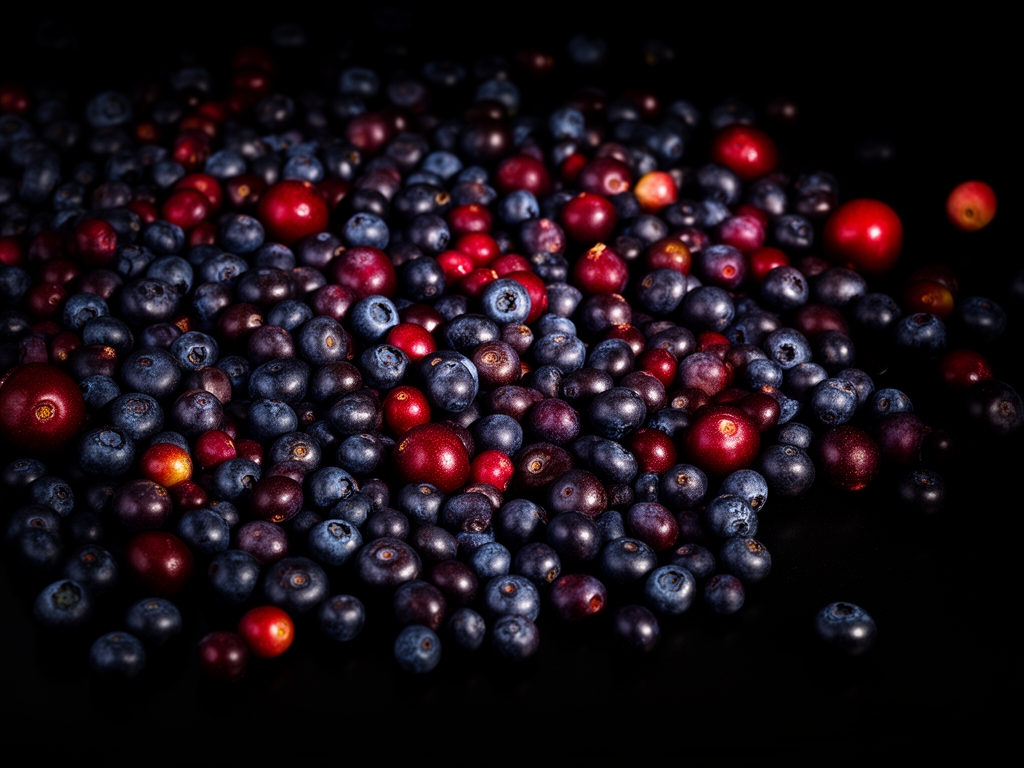 Artystyczna kompozycja z ciemnych jagód borówki i granatów rozsypanych na czarnej powierzchni z efektem świetlnym podkreślającym intensywność kolorów i naturalną strukturę owoców