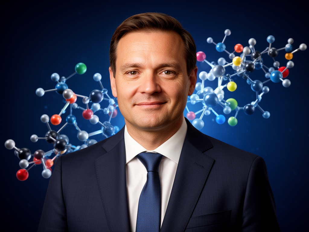 Naukowe przedstawienie struktury molekularnej w stylu infografiki – abstrakcyjne sfery i połączenia symbolizujące cząsteczki składników odżywczych na ciemnoniebieskim tle z subtelnymi efektami świetlnymi