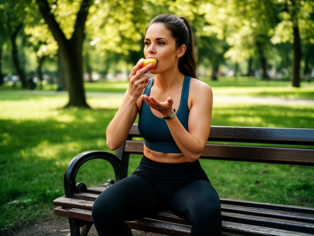 Aktywna kobieta po joggingu w parku miejskim – siedzi na ławce i je owoc, otoczona zielenią, w porannym świetle, zdrowy i aktywny styl życia bez koncentrowania się na konkretnych produktach