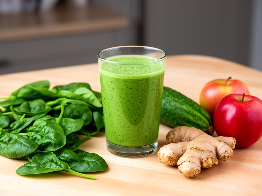 Szklanka zielonego smoothie na jasnym drewnianym blacie – wokół rozłożone składniki: szpinak, ogórek, jabłko i imbir, świeże i naturalne bez dodatkowych produktów