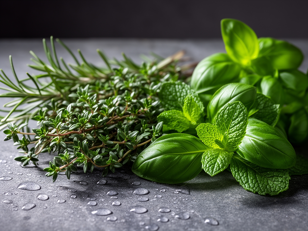 Zbliżenie na świeże zioła – rozmaryn, tymianek, bazylia i mięta ułożone na kamiennym blacie, otoczone kroplami wody, w miękkim bocznym świetle studyjnym podkreślającym teksturę liści