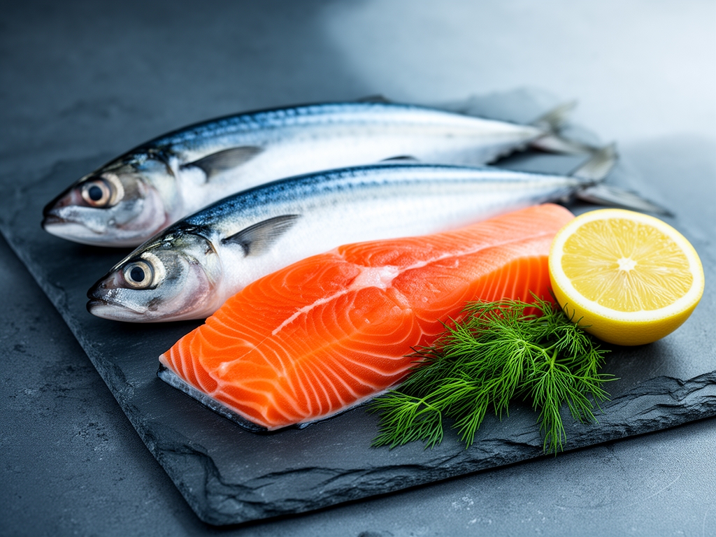 Tłuste ryby – łosoś, makrela i śledź – ułożone na łupkowej desce z cytryną i koperkiem, ostra fotografia gastronomiczna z miękkim cieniem i zimnawym światłem dziennym