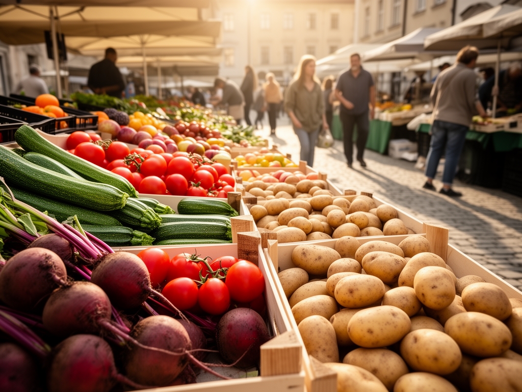 Rynek rolniczy z asortymentem lokalnych, sezonowych warzyw i owoców ułożonych w skrzynkach – rzędami widoczne pomidory, cukinie, buraki i ziemniawy, w tle sylwetki kupujących w ciepłym porannym świetle