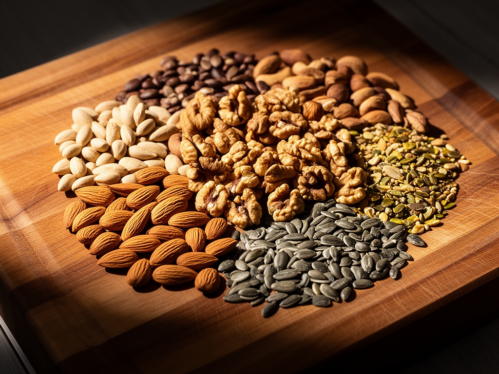 Asortyment nasion i orzechów – migdały, orzechy włoskie, nasiona słonecznika i dyni rozłożone na drewnianej desce do krojenia z widoczną strukturą i cieniami przy bocznym oświetleniu