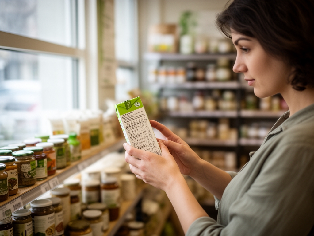 Dłonie osoby czytającej etykietę na opakowaniu produktu spożywczego w świetle okna w sklepie ze zdrową żywnością – skupione spojrzenie na skład, regały z produktami w tle, stonowane kolory