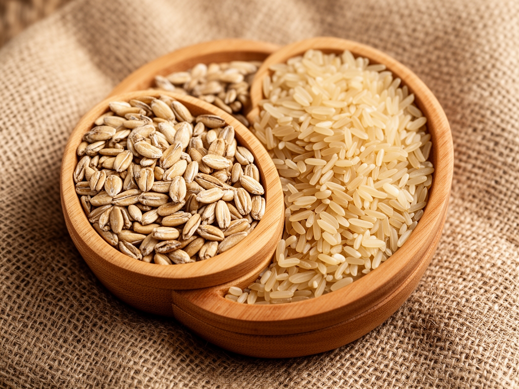 Pełnoziarniste produkty zbożowe – owies, kasza jaglana i ryż brązowy w małych drewnianych miseczkach na naturalnej tkaninie jutowej, sfotografowane z lekko góry przy miękkim świetle